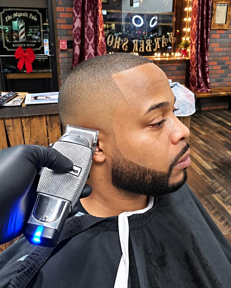 Barber working on a client's beard and line-up at NY Styles Barbershop, Medford NY